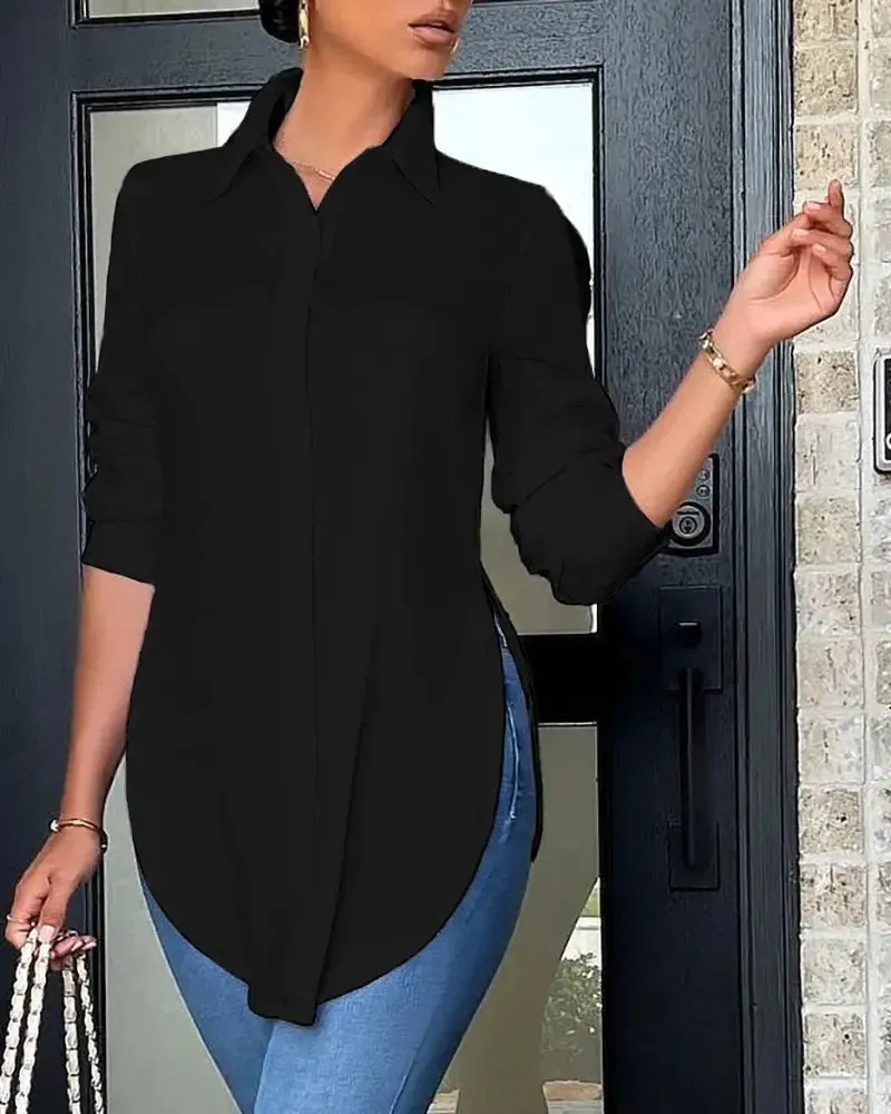 2024 Women's White Asymmetrical Blouse - Elegant Long Sleeve Tunic Shirt for Casual Wear