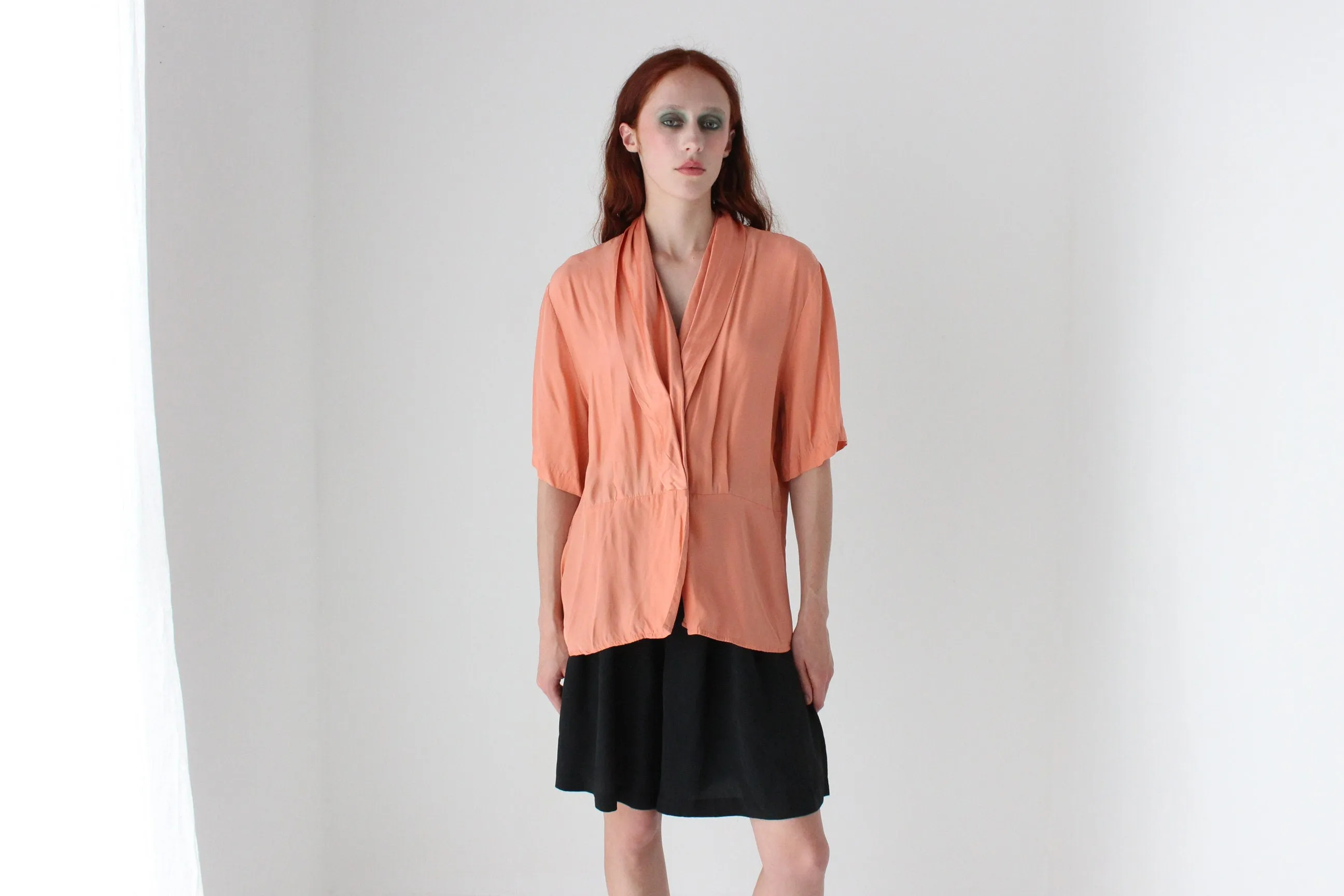80s Pure Silk Shawl Collar Short Sleeve Blouse