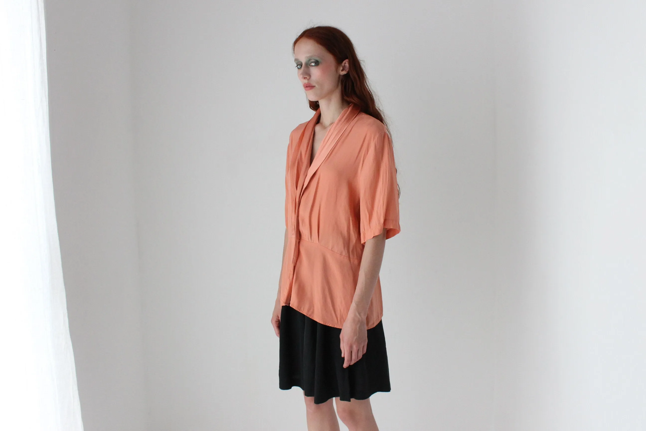 80s Pure Silk Shawl Collar Short Sleeve Blouse
