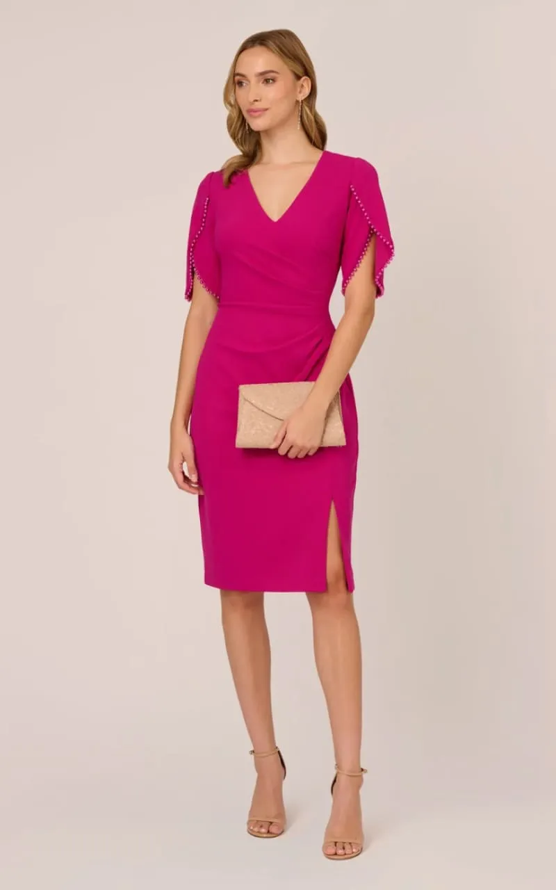Adrianna Papell- Pearl Embellished Knit Crepe Sheath Dress in Hot Orchid