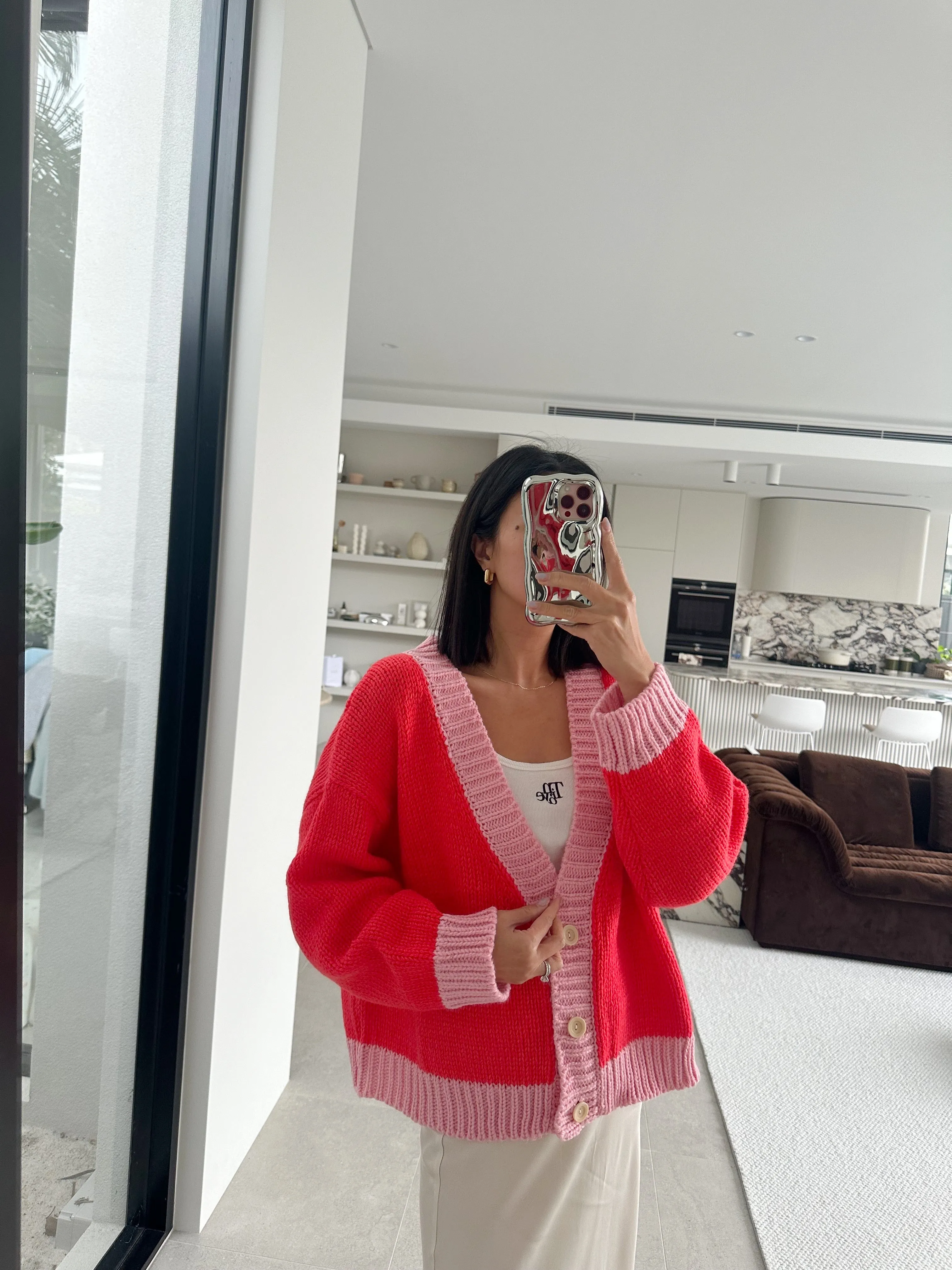Adult Maeve Contrast Knit Cardigan - Red/Pink