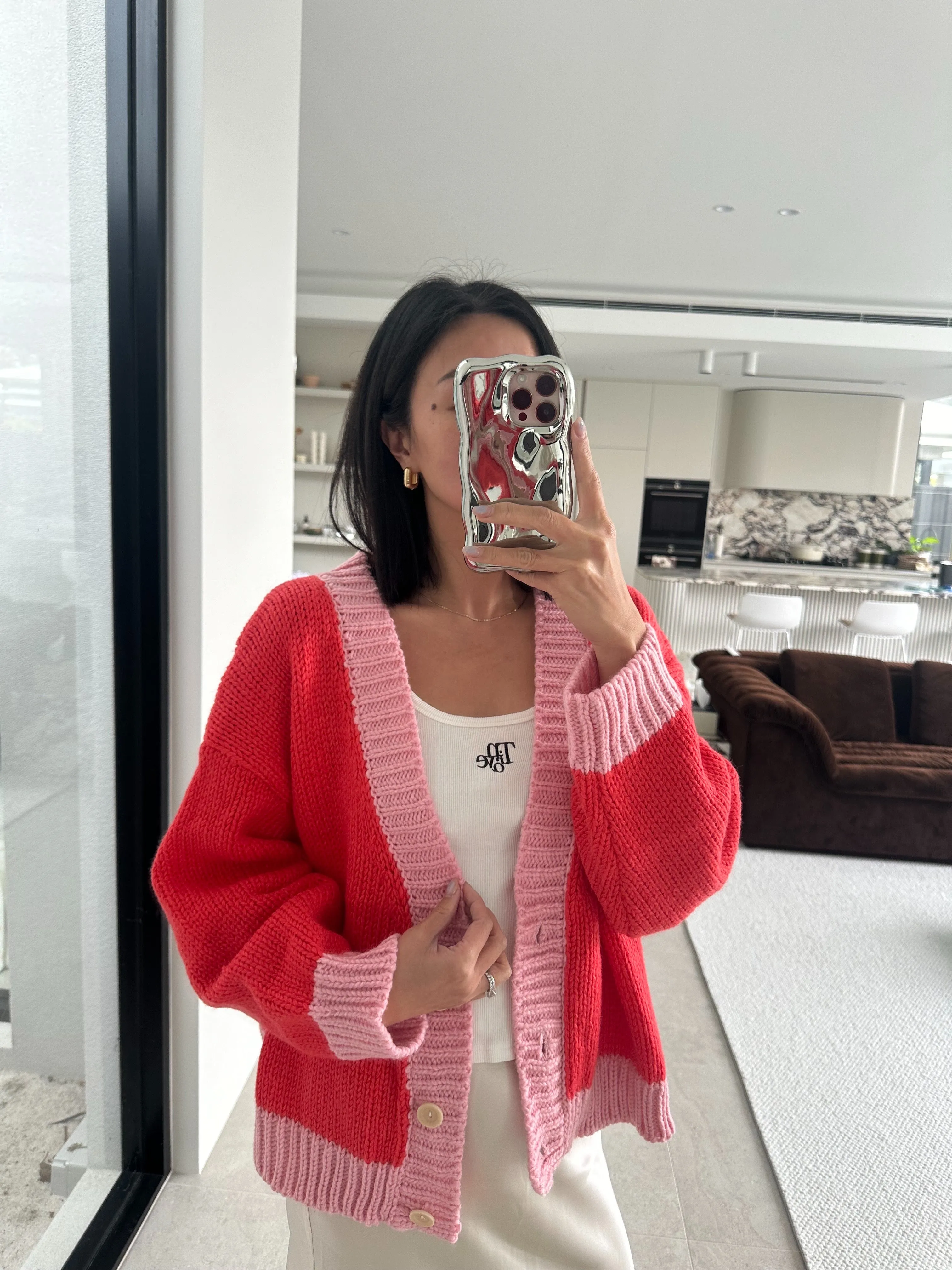 Adult Maeve Contrast Knit Cardigan - Red/Pink