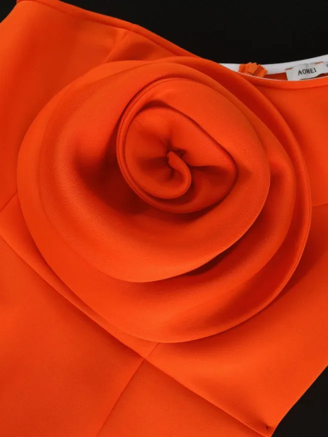 AOMEIDRESS One Shoulder Big Flower Rose Ruffles Sheath Slit Dress
