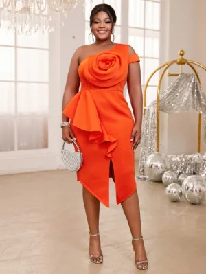 AOMEIDRESS One Shoulder Big Flower Rose Ruffles Sheath Slit Dress