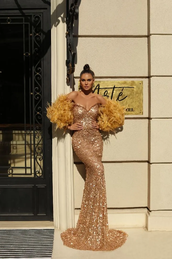Aria  Elegant Off-Shoulder With Feather Touch Golden  Evening Dress
