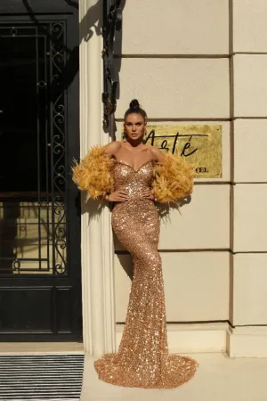 Aria  Elegant Off-Shoulder With Feather Touch Golden  Evening Dress