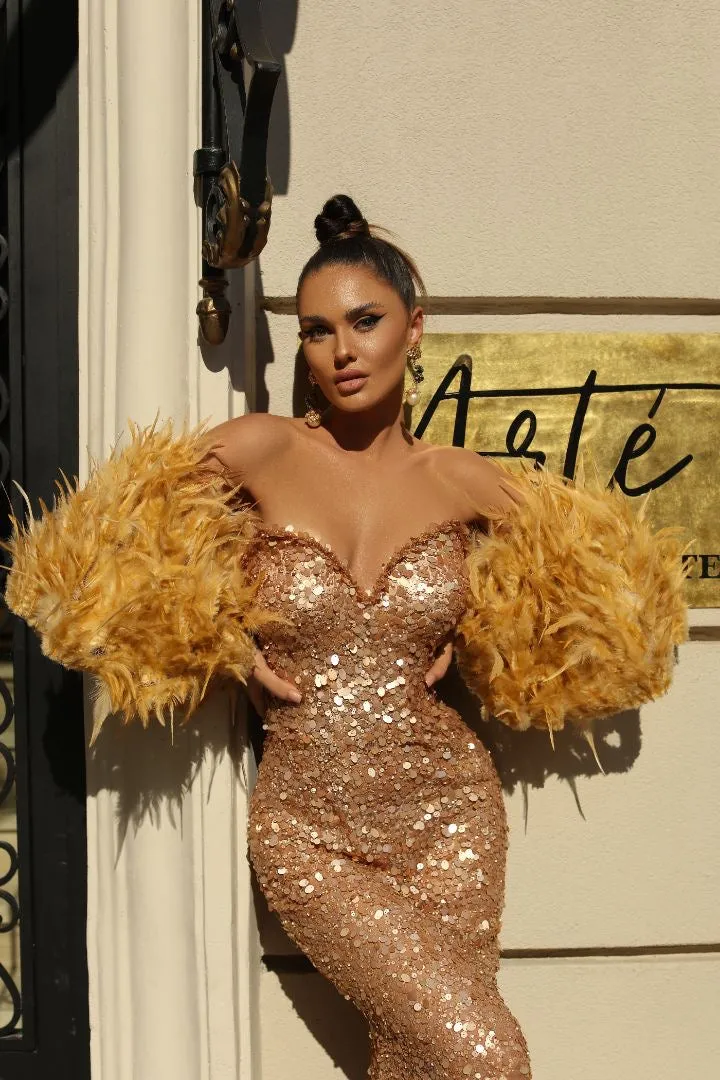 Aria  Elegant Off-Shoulder With Feather Touch Golden  Evening Dress