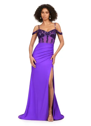 Ashley Lauren 11391 Long Prom Off The Shoulder With Strap Beaded Corset Jersey Gown Formal Dress