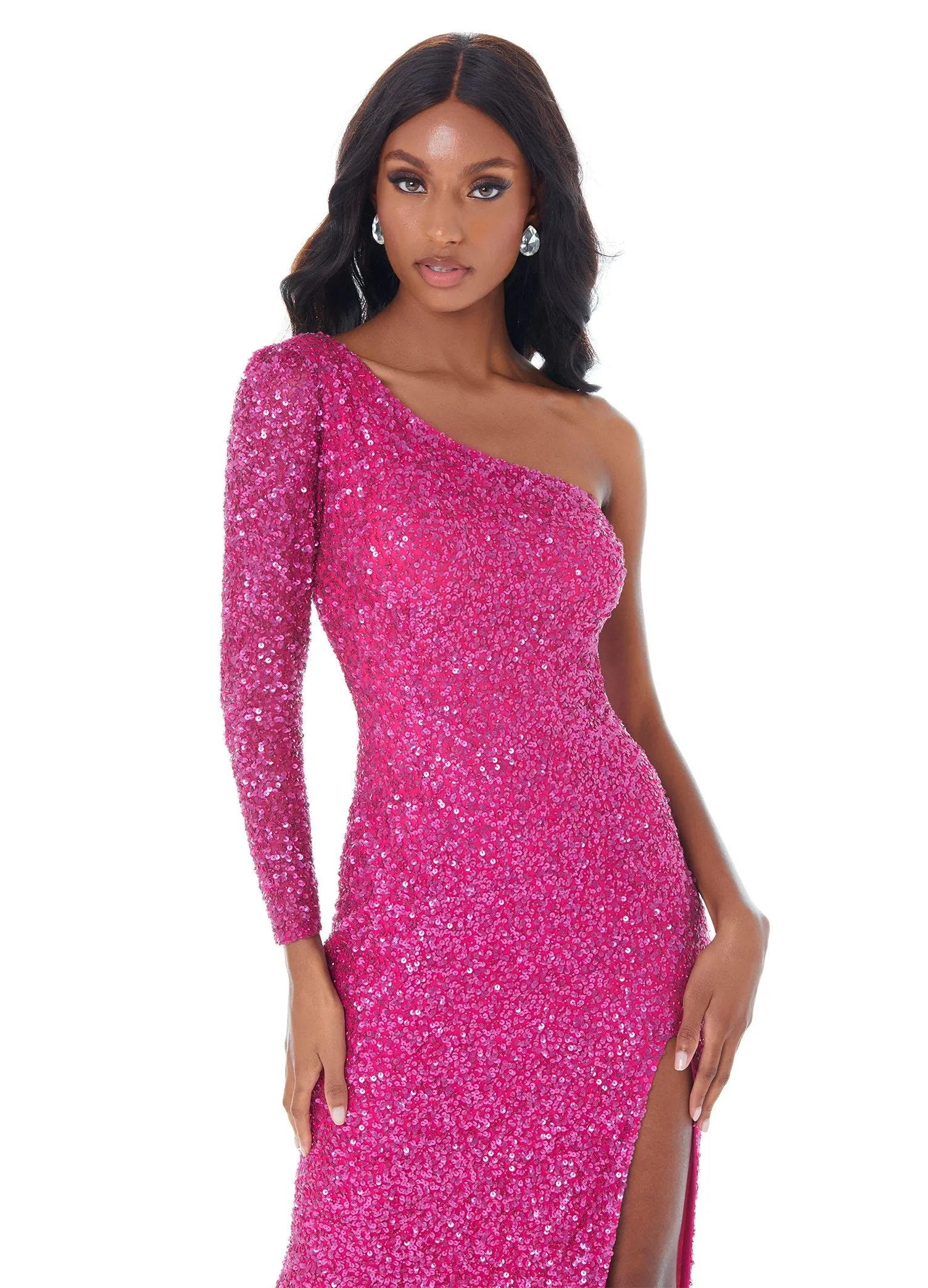 Ashley Lauren 1977 Prom Dress Pageant Gown One Sleeve Fully Beaded Long Prom Dress with High Side Slit