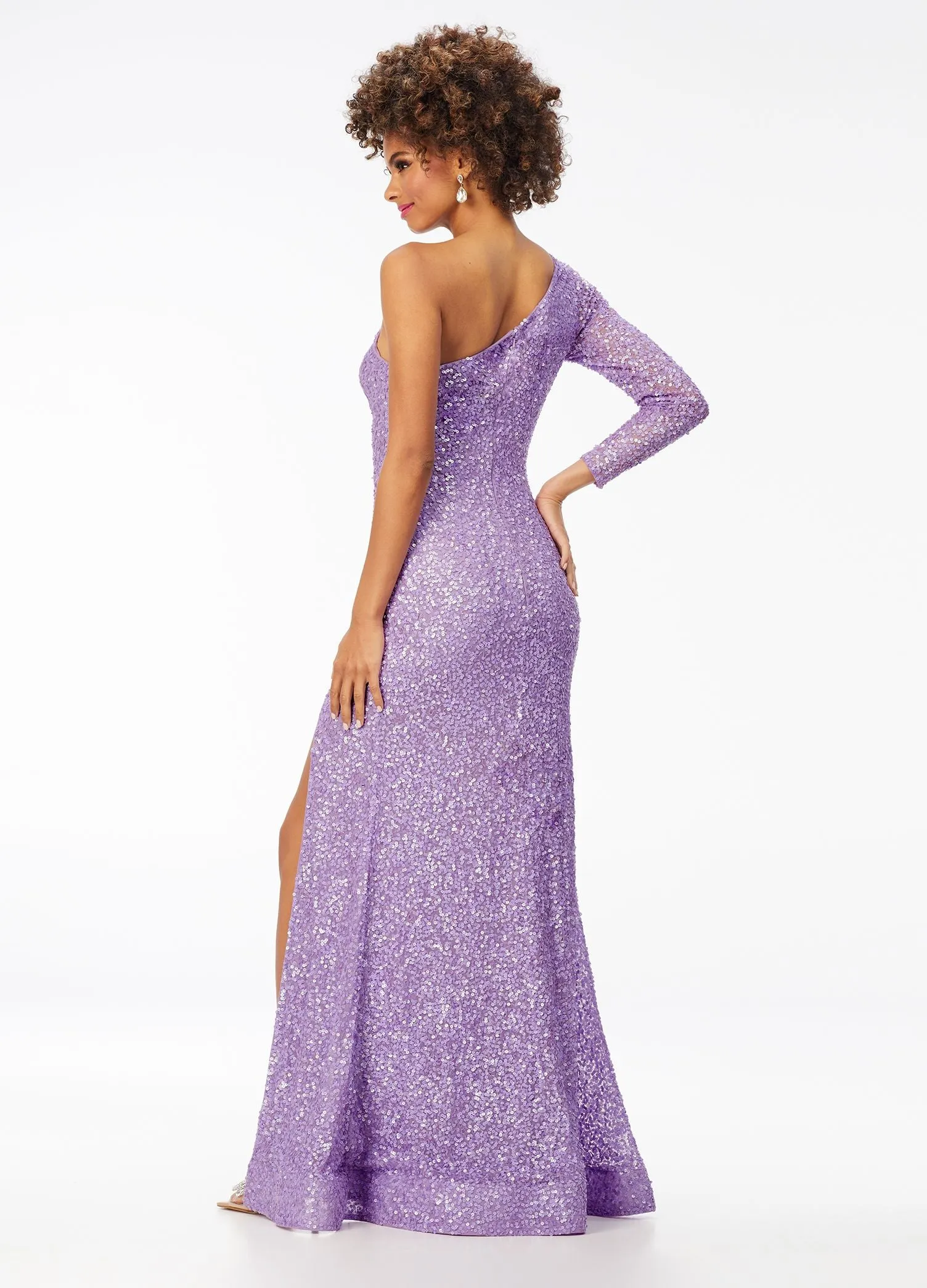 Ashley Lauren 1977 Prom Dress Pageant Gown One Sleeve Fully Beaded Long Prom Dress with High Side Slit