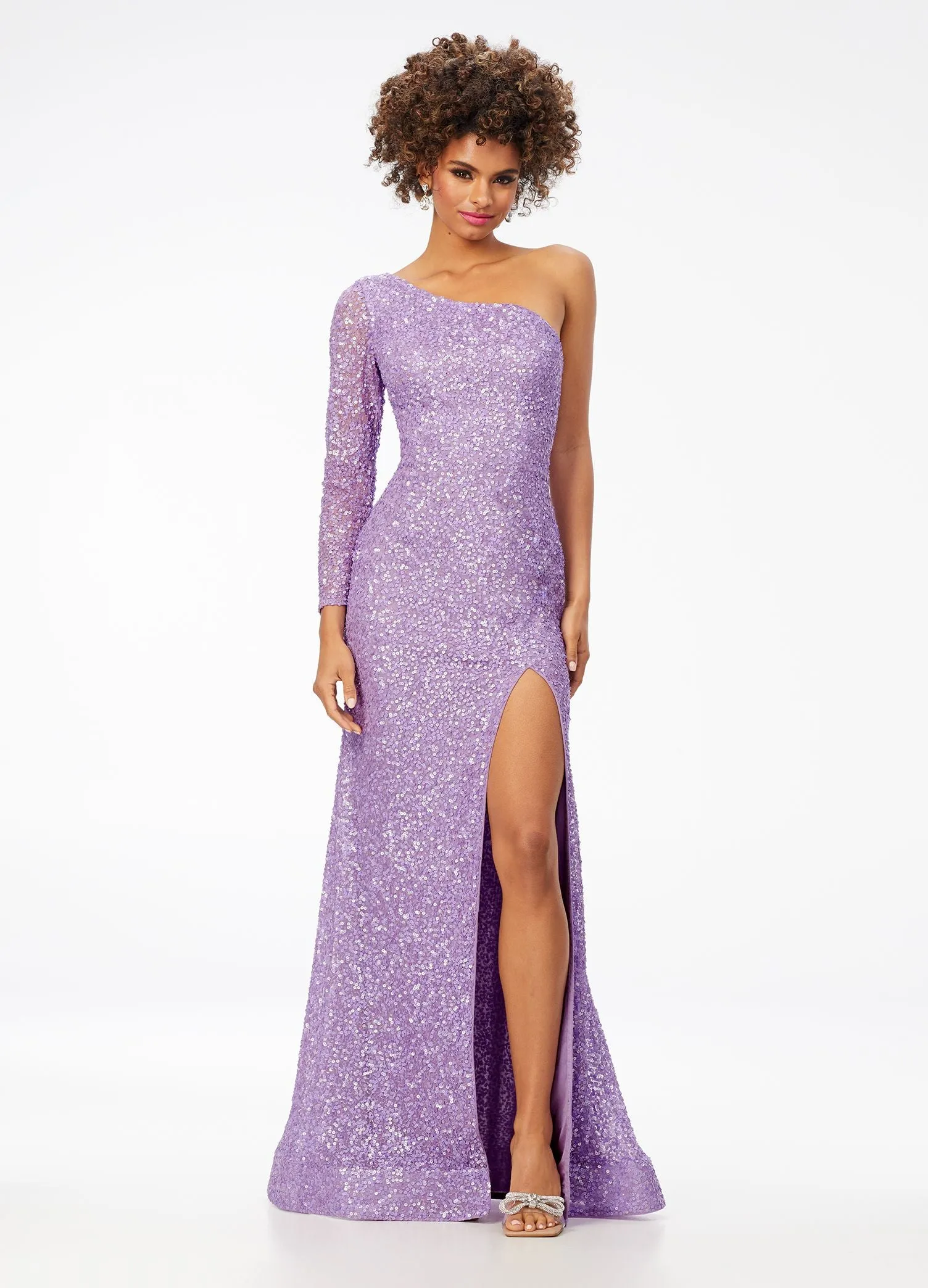 Ashley Lauren 1977 Prom Dress Pageant Gown One Sleeve Fully Beaded Long Prom Dress with High Side Slit