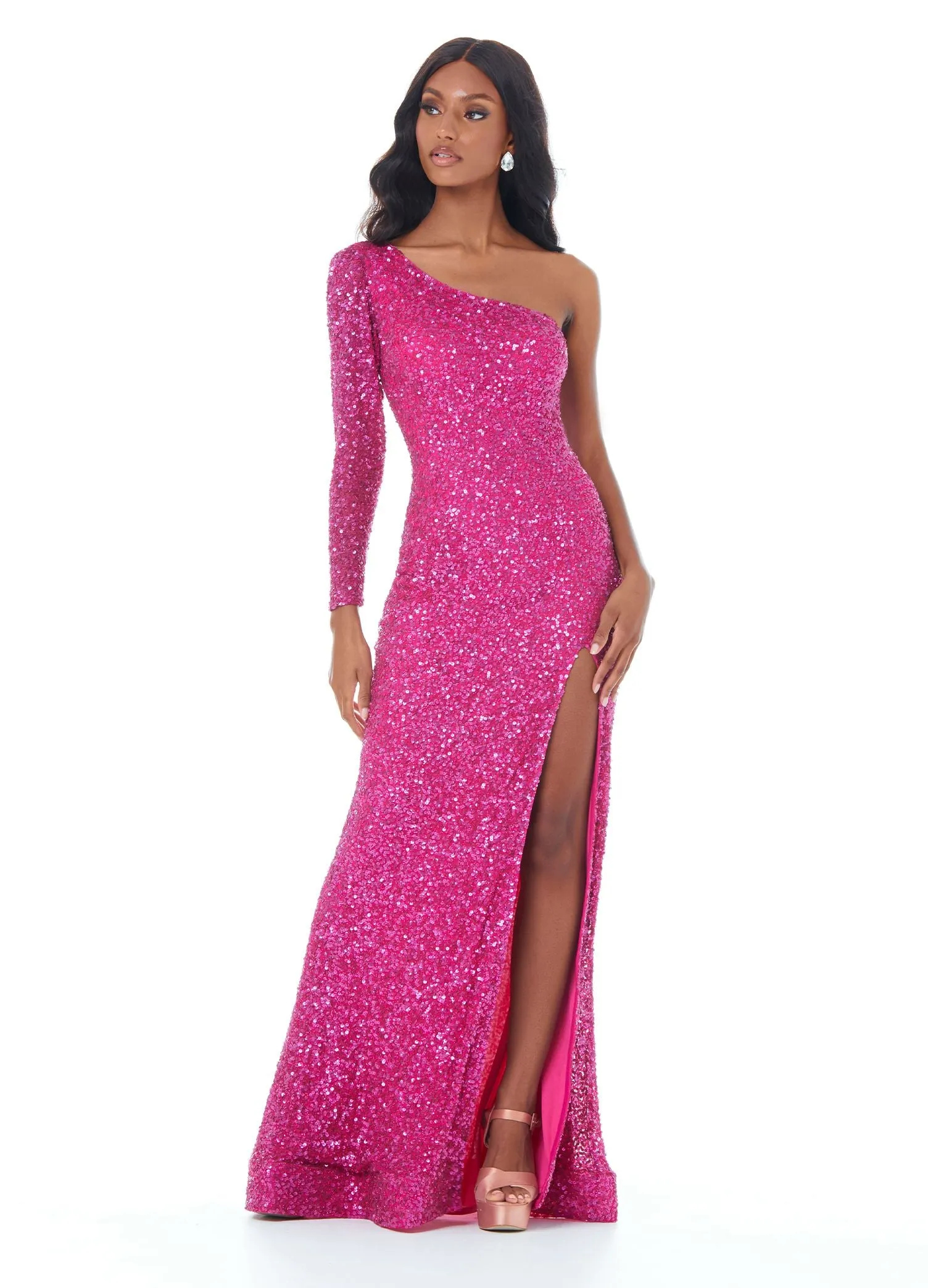 Ashley Lauren 1977 Prom Dress Pageant Gown One Sleeve Fully Beaded Long Prom Dress with High Side Slit