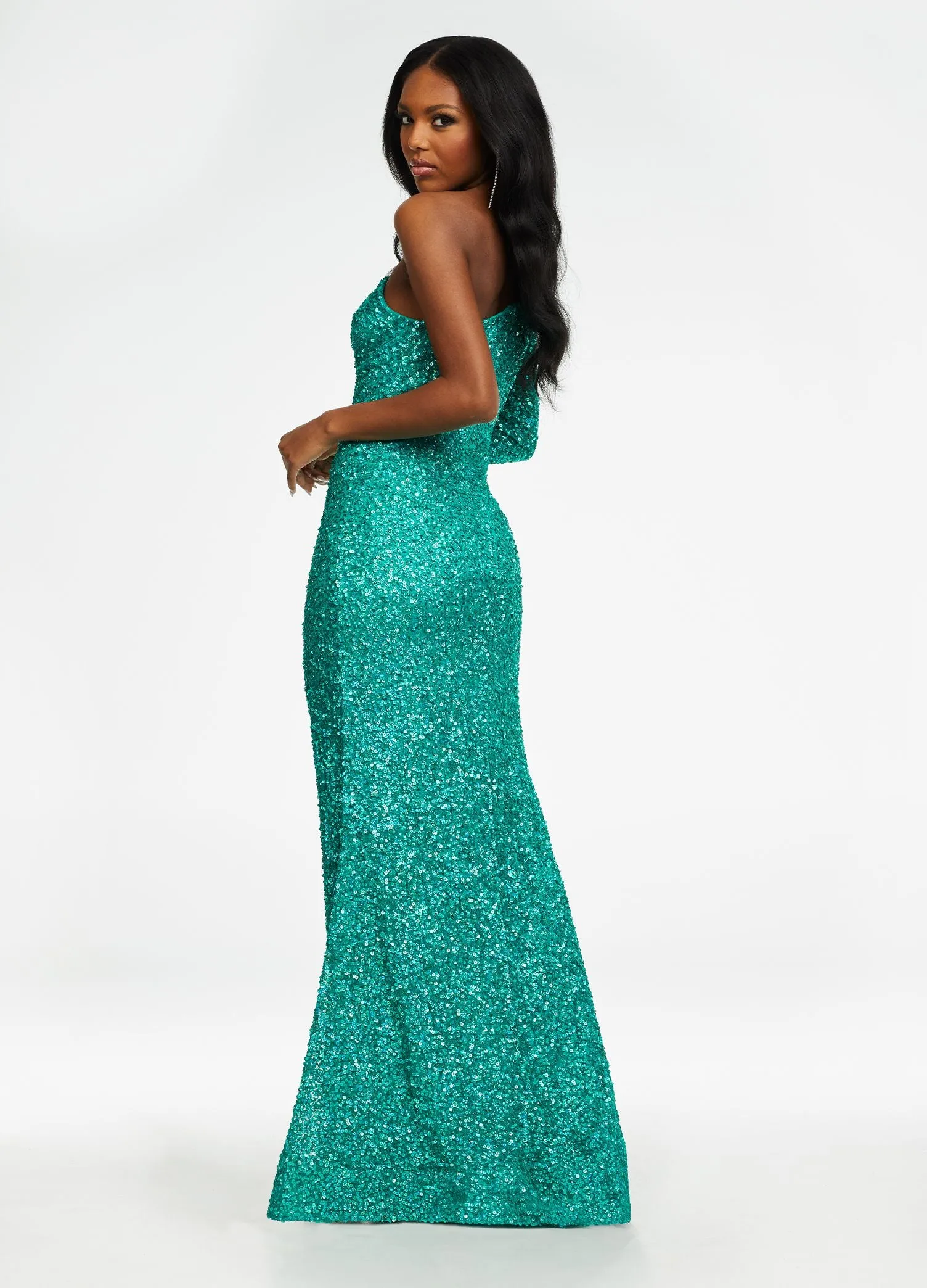Ashley Lauren 1977 Prom Dress Pageant Gown One Sleeve Fully Beaded Long Prom Dress with High Side Slit