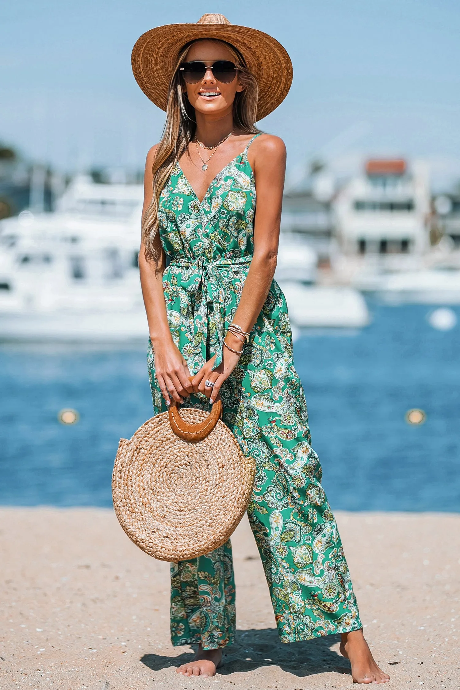 Belted Paisley Print Cami Jumpsuit