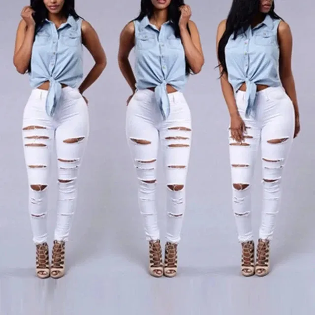 Black and white high-waisted ripped jeans in a chic style