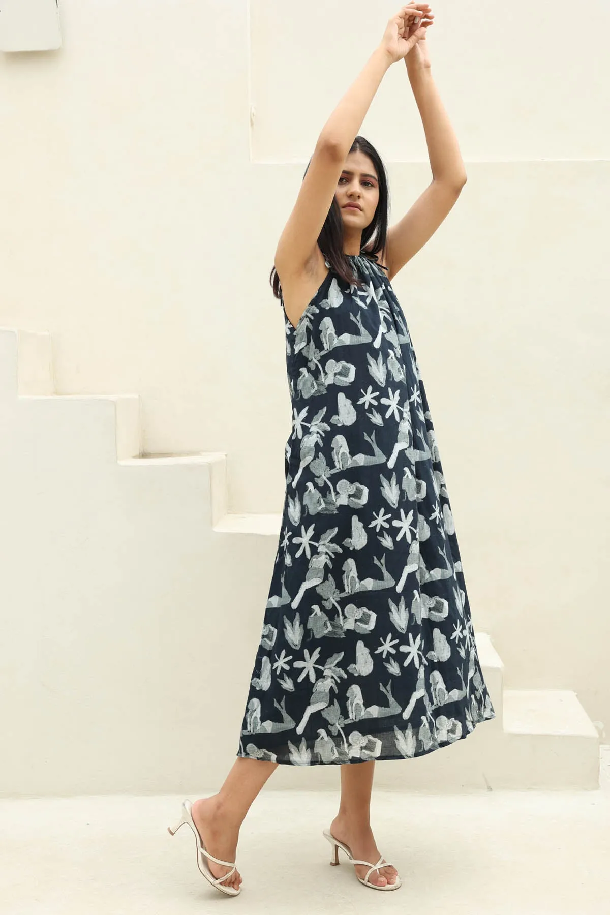 Black Floral Print Midi Dress