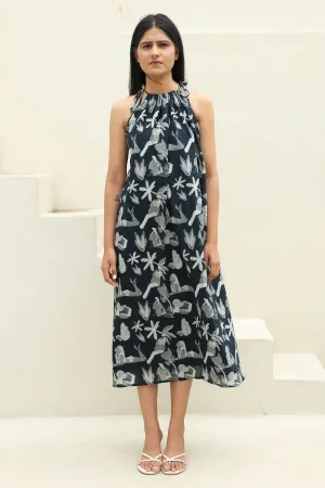 Black Floral Print Midi Dress
