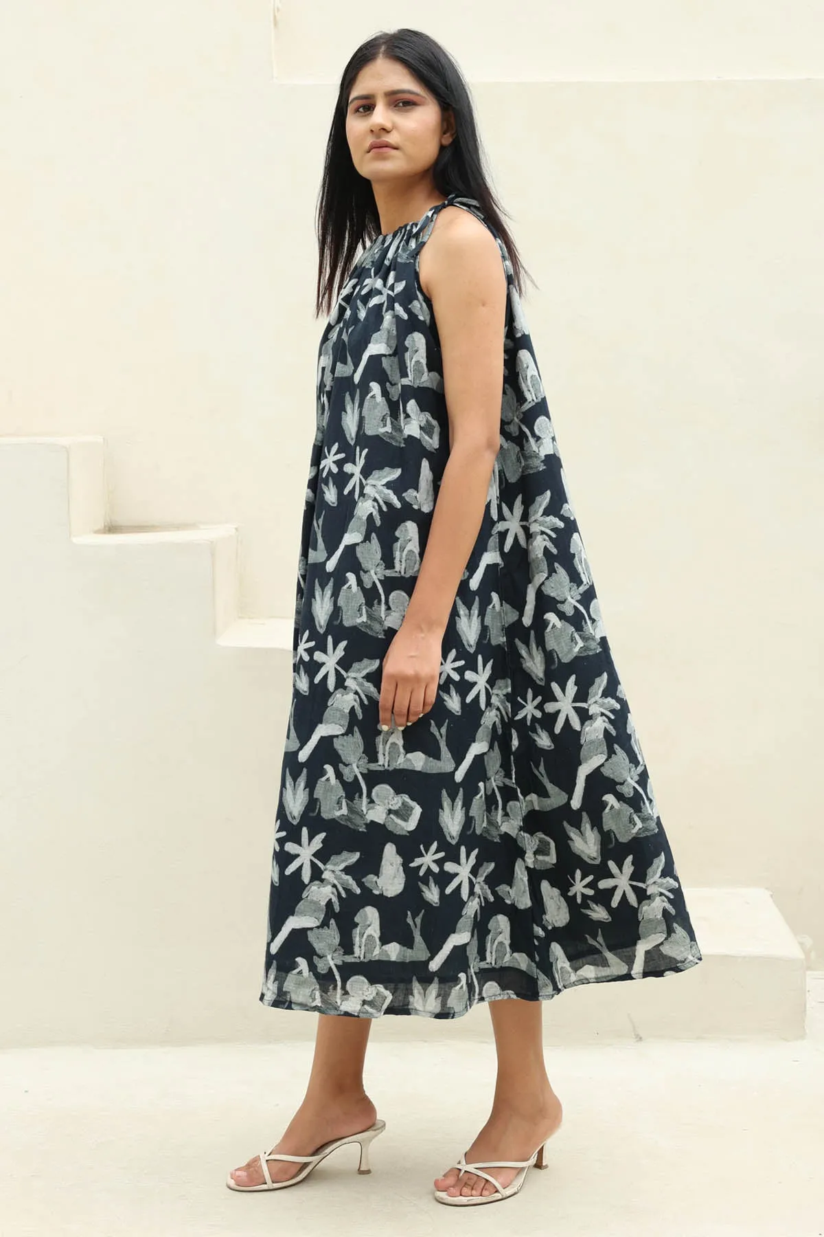 Black Floral Print Midi Dress