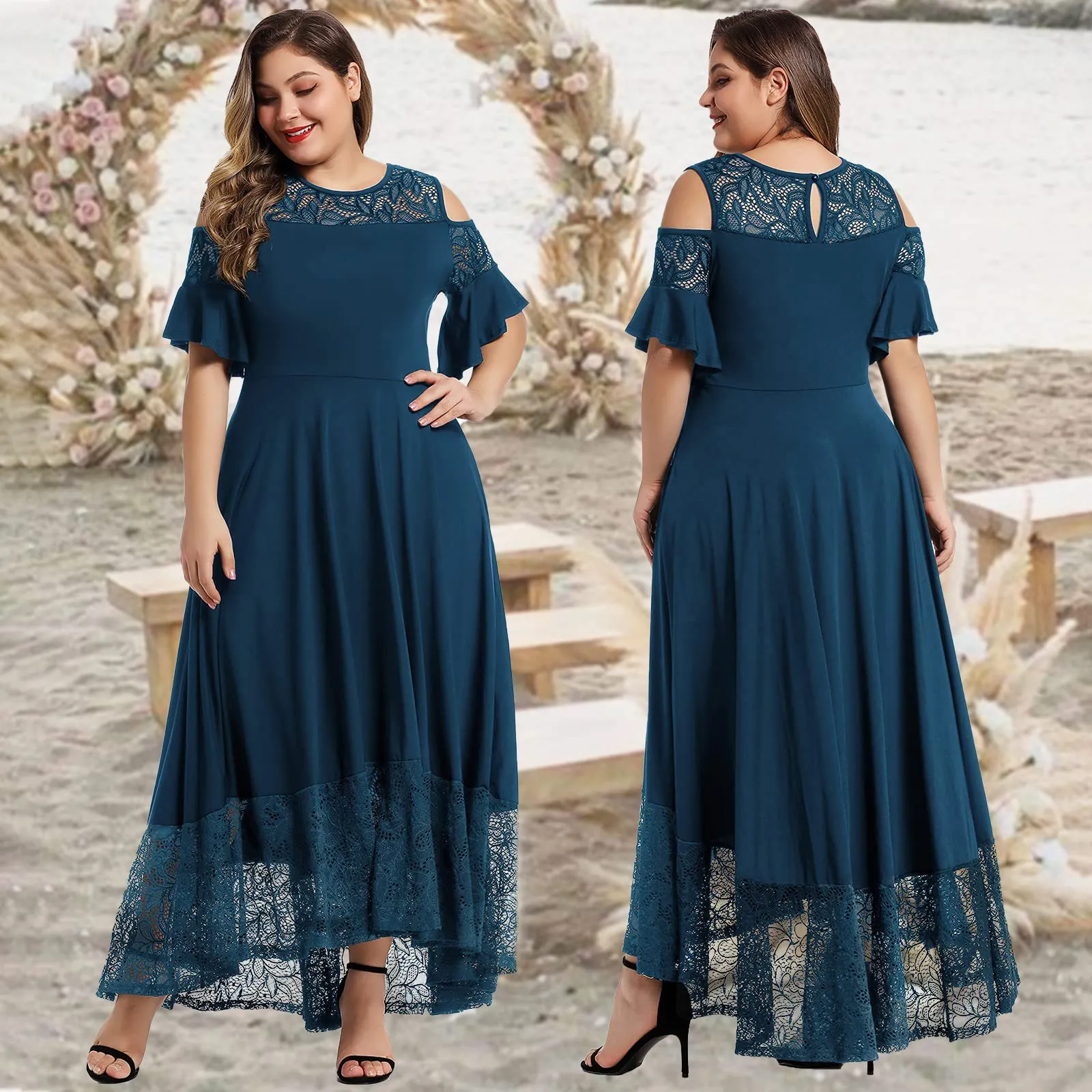 Black Womens Plus Size Lace Cold Shoulder Long Swing Evening Party Maxi Dress - LALAGEN