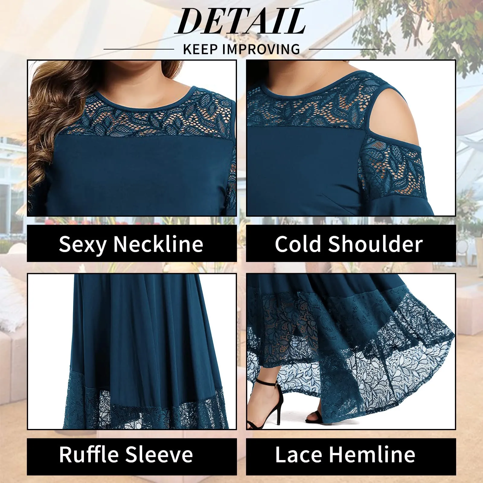 Black Womens Plus Size Lace Cold Shoulder Long Swing Evening Party Maxi Dress - LALAGEN