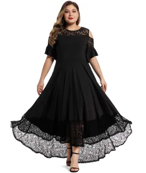 Black Womens Plus Size Lace Cold Shoulder Long Swing Evening Party Maxi Dress - LALAGEN