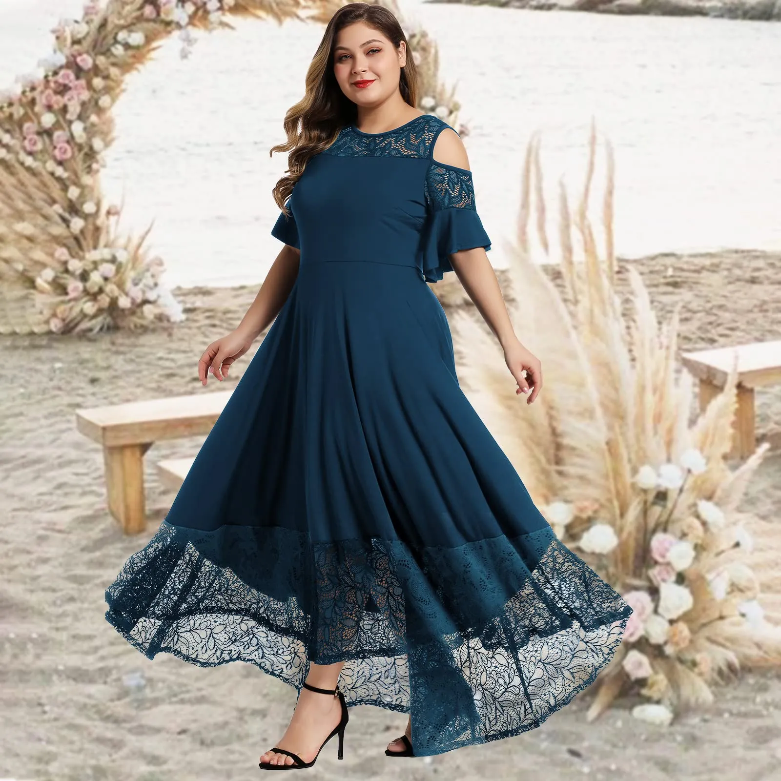 Black Womens Plus Size Lace Cold Shoulder Long Swing Evening Party Maxi Dress - LALAGEN