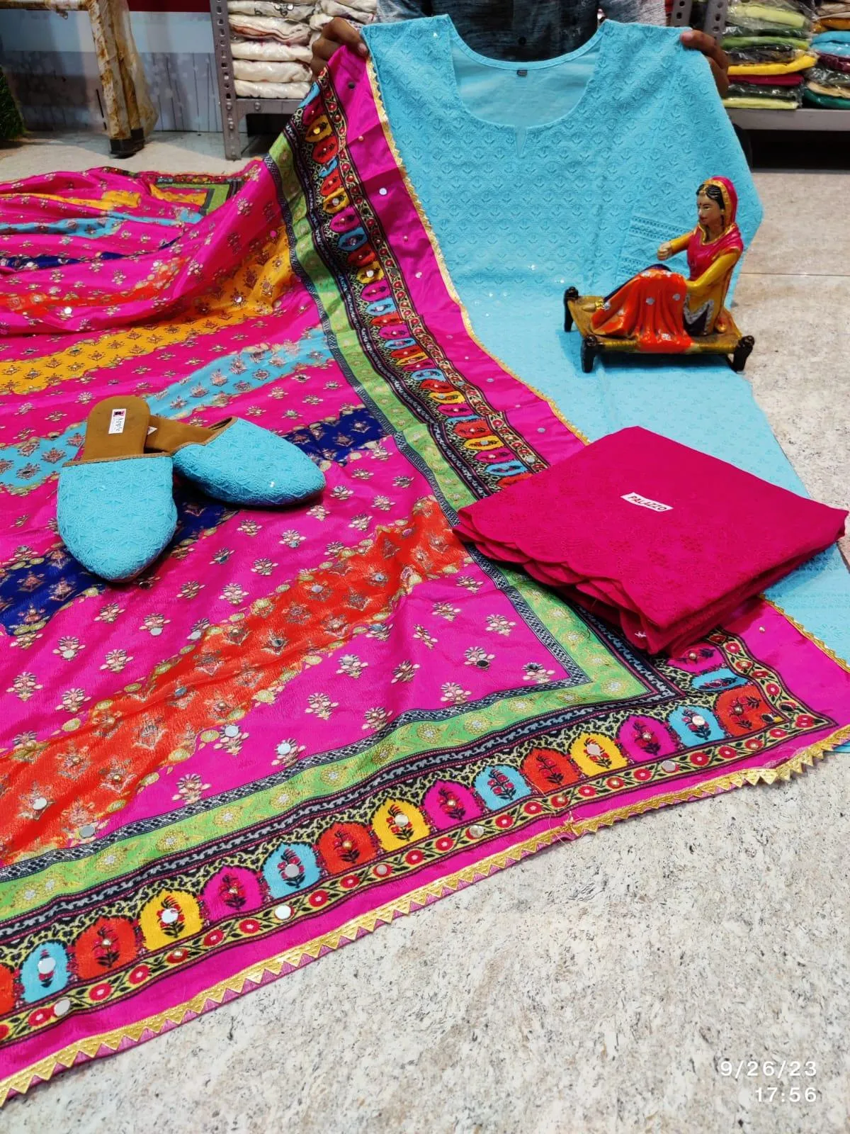 Blue Elegant Chikankari Kurti, Palazzo, and Pakistani Dupatta Set