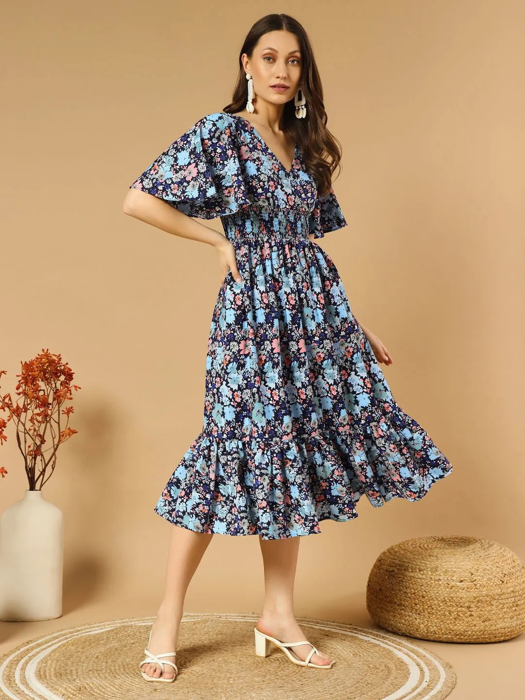 Blue Floral Fit and flare short sleeves Midi Dress