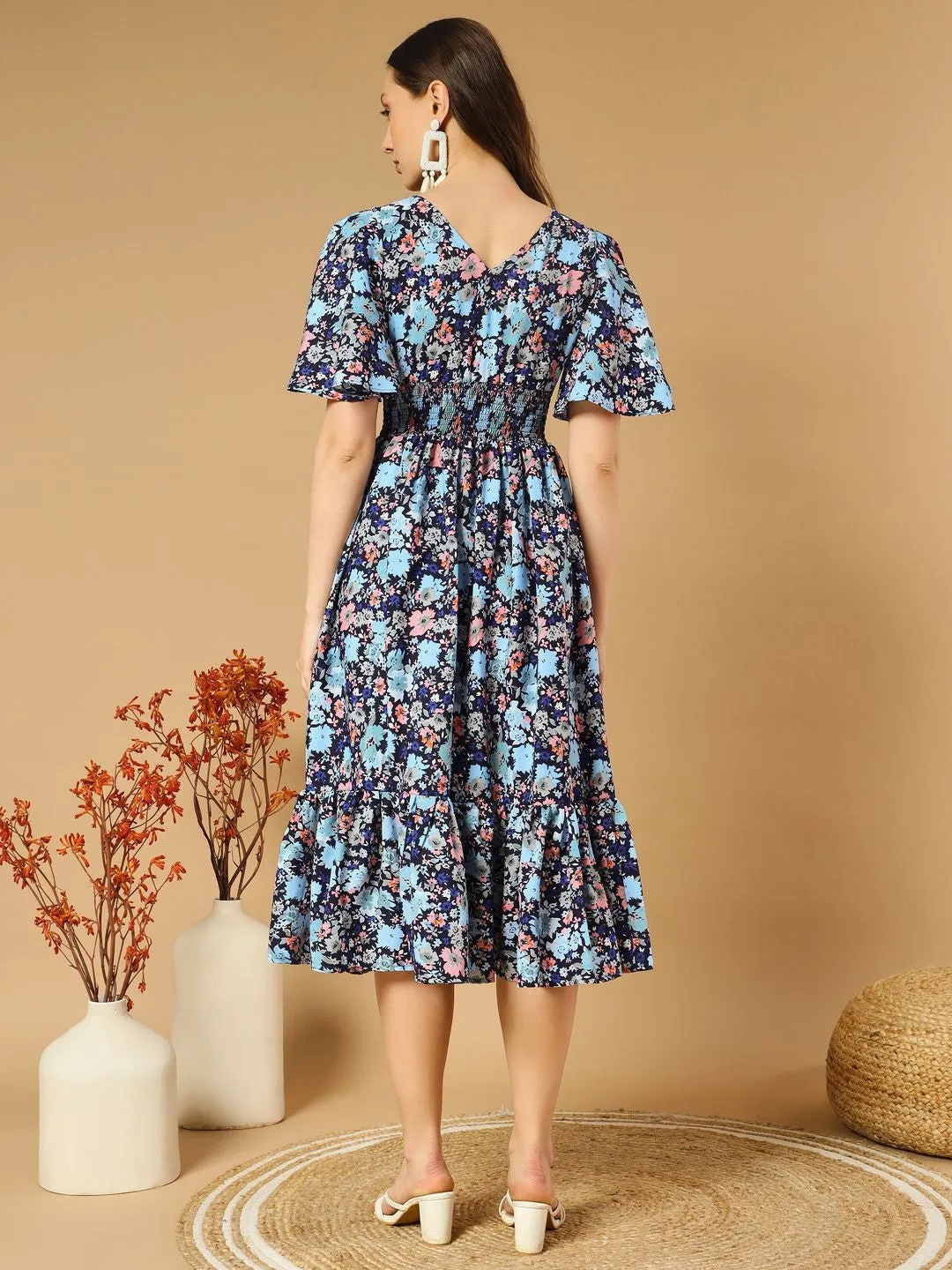 Blue Floral Fit and flare short sleeves Midi Dress