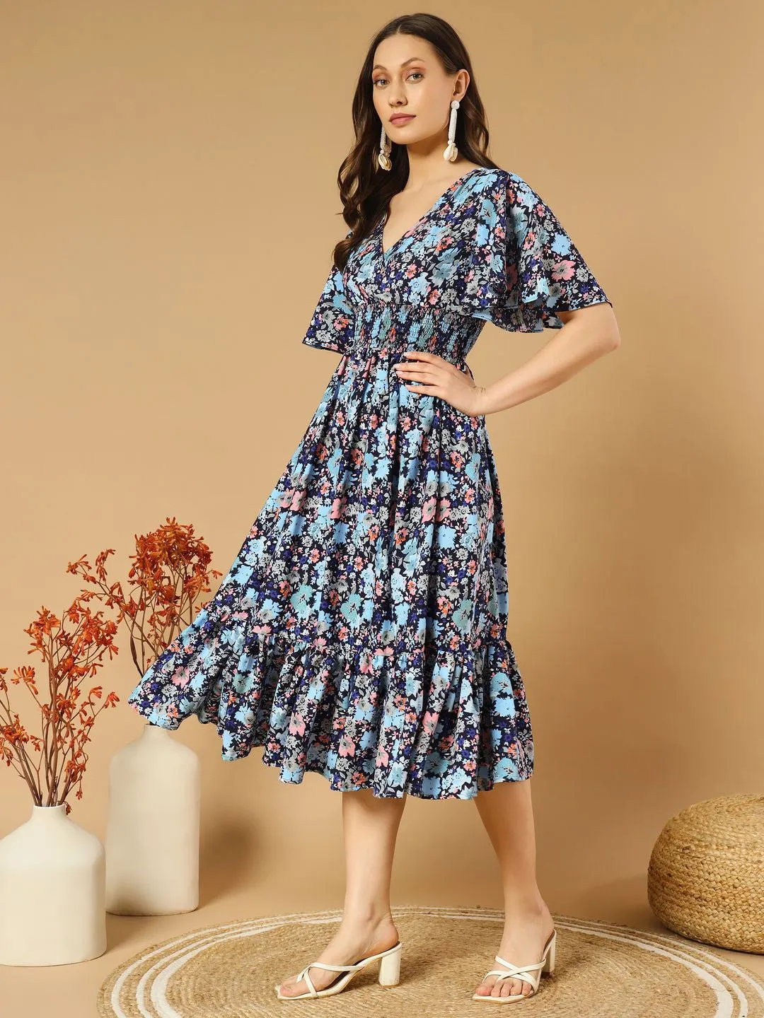 Blue Floral Fit and flare short sleeves Midi Dress