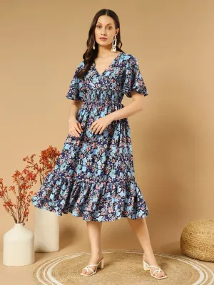 Blue Floral Fit and flare short sleeves Midi Dress