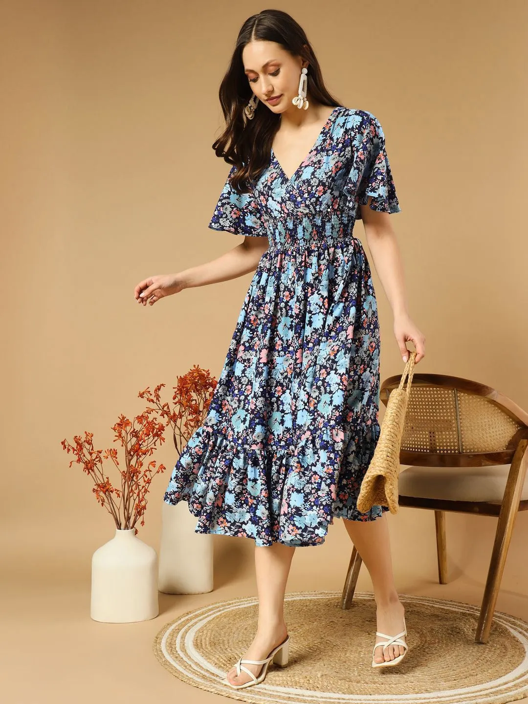 Blue Floral Fit and flare short sleeves Midi Dress