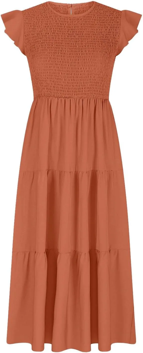 Boho Dresses for Women 2025 Crew Neck Casual Dress Beach Short Sleeve Midi Dress Flowy Vacation Dresses Trendy