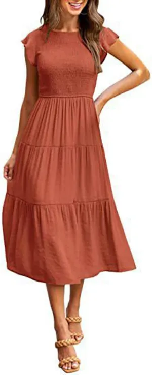 Boho Dresses for Women 2025 Crew Neck Casual Dress Beach Short Sleeve Midi Dress Flowy Vacation Dresses Trendy