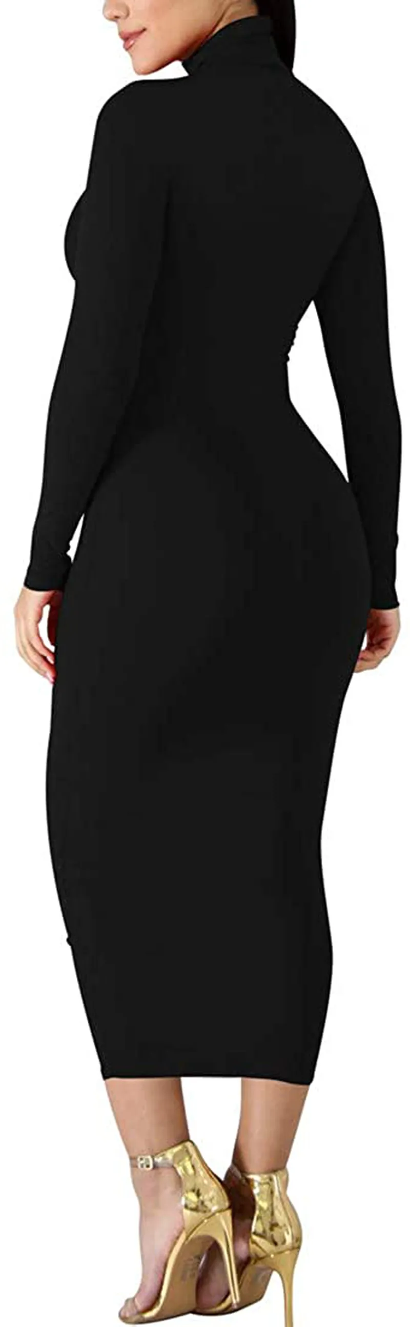 BORIFLORS Women's Sexy Basic Long Sleeve Turtleneck Bodycon Party Long Pencil Dress