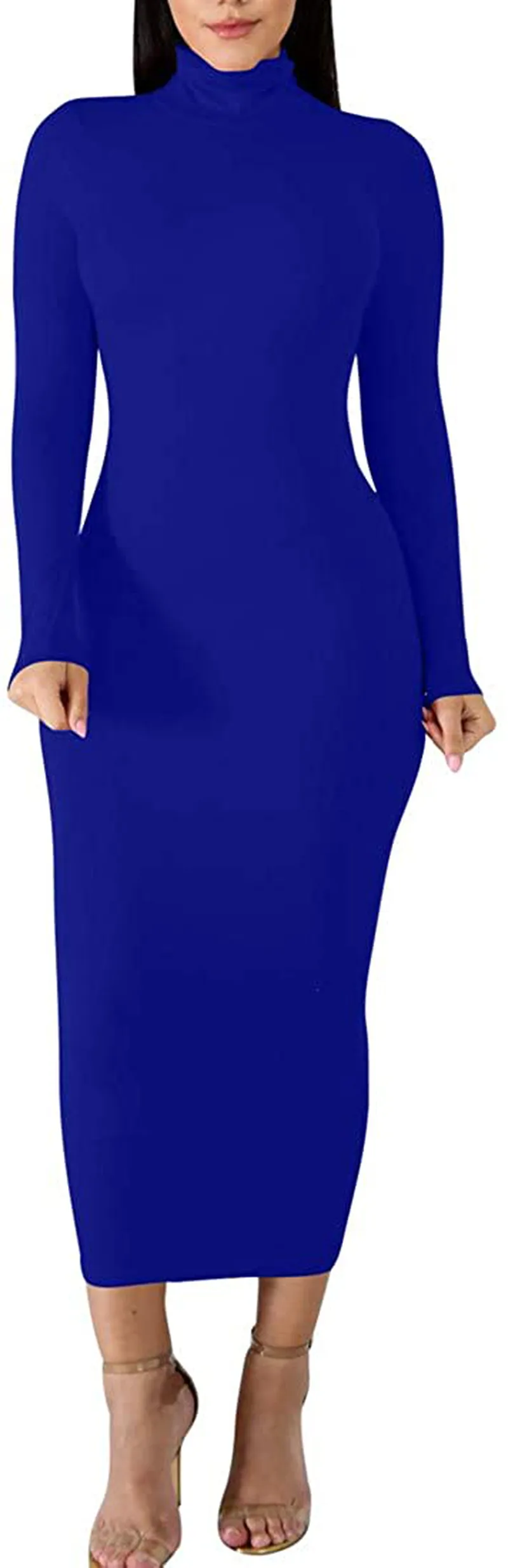 BORIFLORS Women's Sexy Basic Long Sleeve Turtleneck Bodycon Party Long Pencil Dress