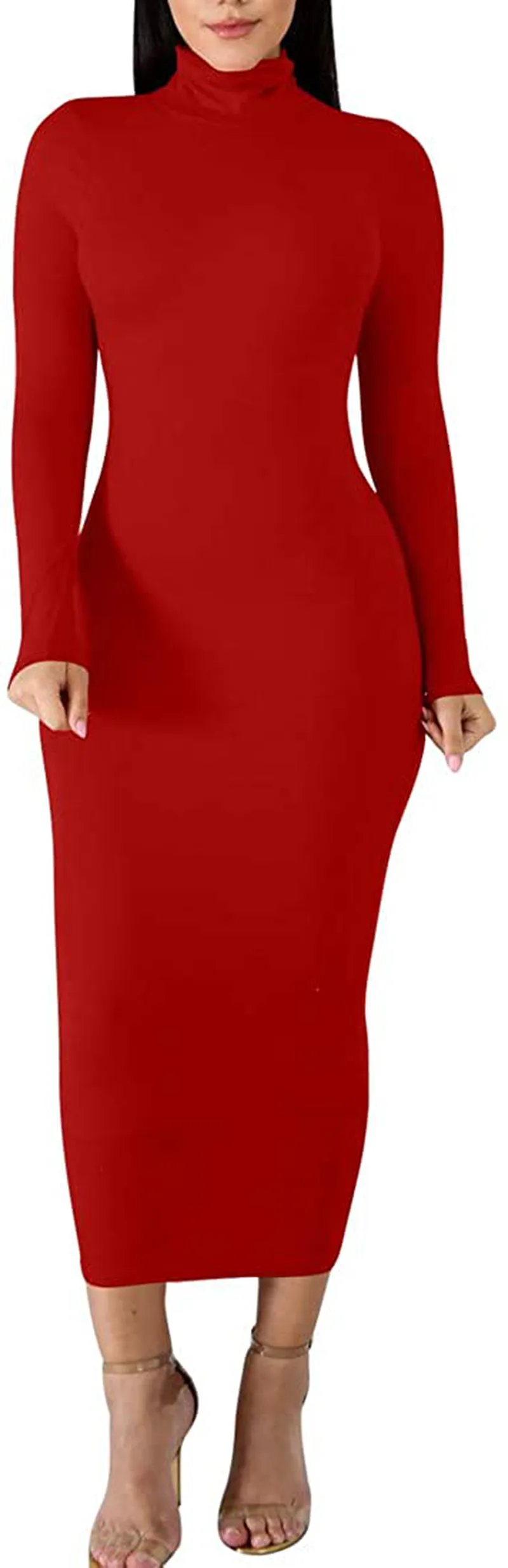 BORIFLORS Women's Sexy Basic Long Sleeve Turtleneck Bodycon Party Long Pencil Dress
