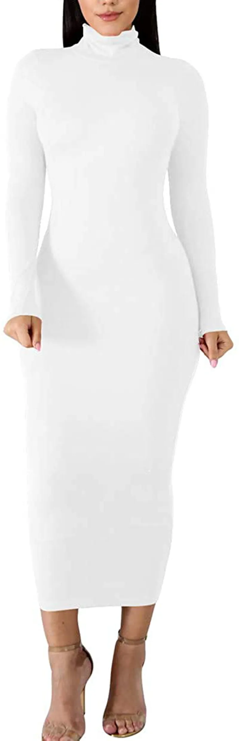 BORIFLORS Women's Sexy Basic Long Sleeve Turtleneck Bodycon Party Long Pencil Dress