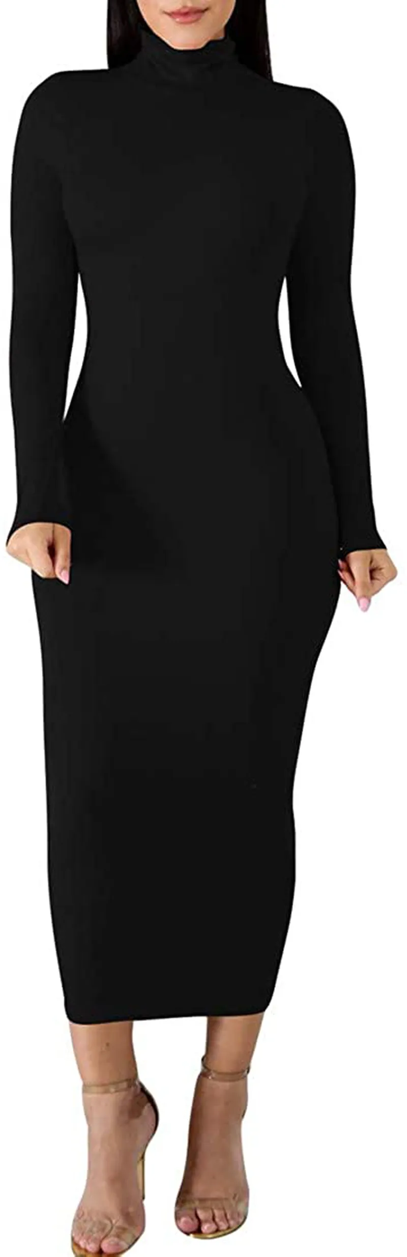 BORIFLORS Women's Sexy Basic Long Sleeve Turtleneck Bodycon Party Long Pencil Dress