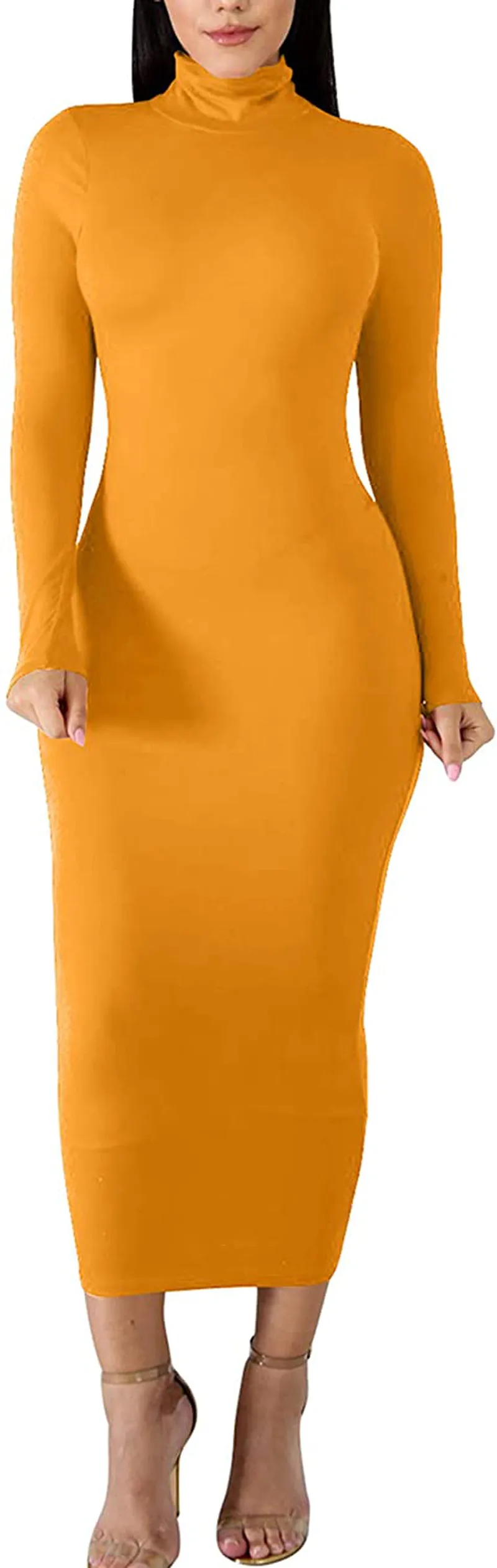 BORIFLORS Women's Sexy Basic Long Sleeve Turtleneck Bodycon Party Long Pencil Dress