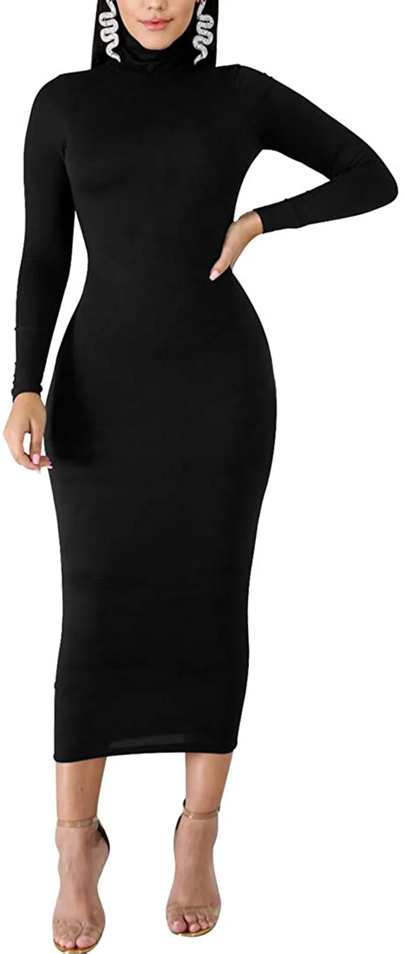 BORIFLORS Women's Sexy Basic Long Sleeve Turtleneck Bodycon Party Long Pencil Dress