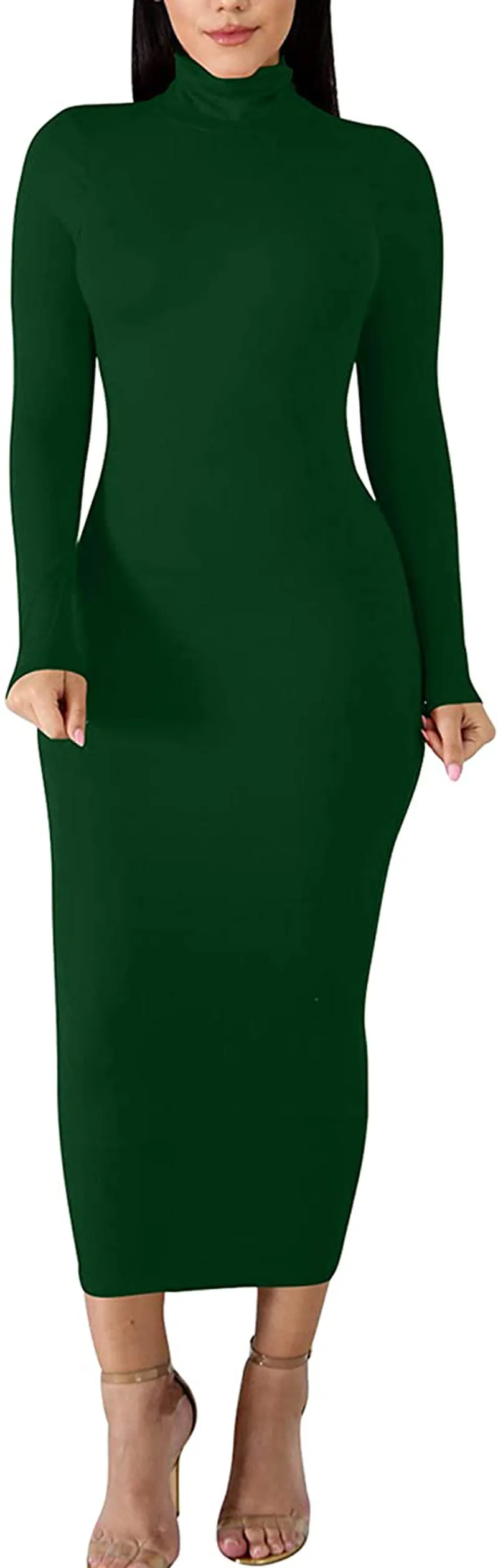 BORIFLORS Women's Sexy Basic Long Sleeve Turtleneck Bodycon Party Long Pencil Dress