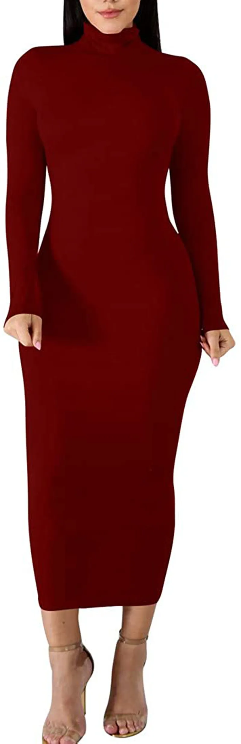 BORIFLORS Women's Sexy Basic Long Sleeve Turtleneck Bodycon Party Long Pencil Dress