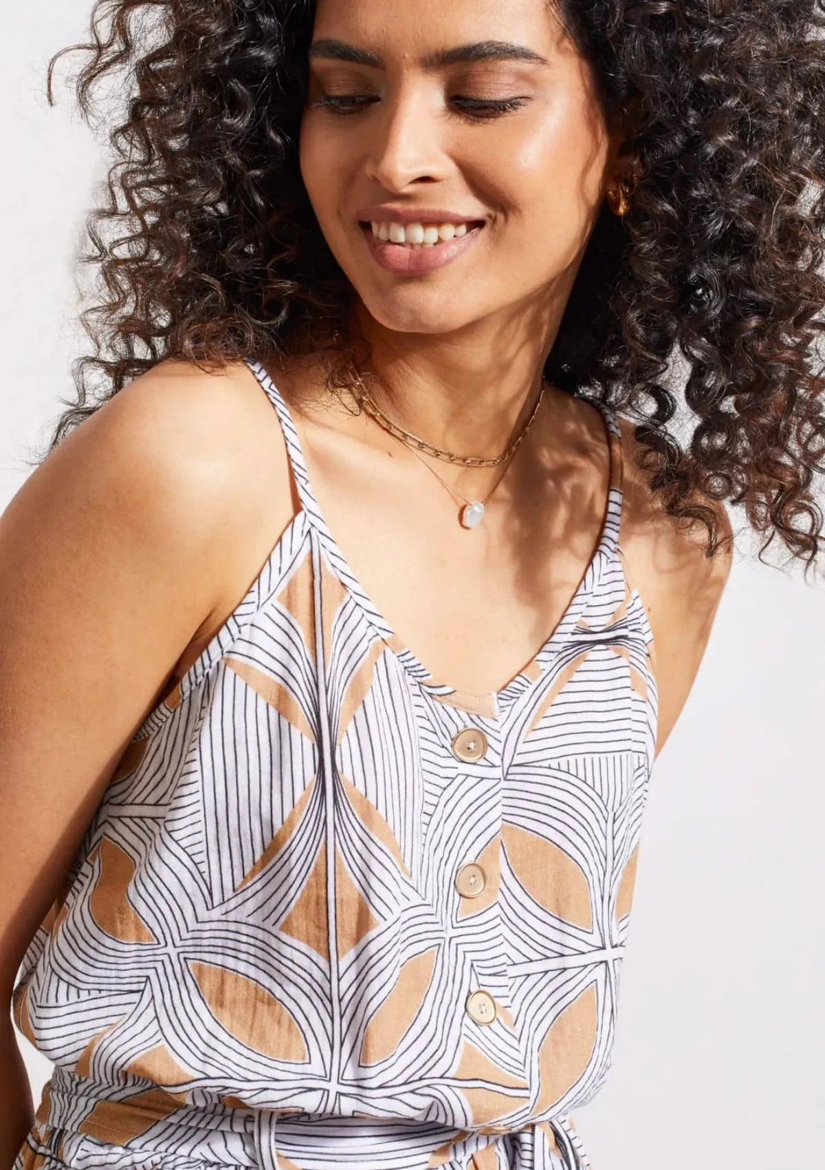 Button Front Jumpsuit with Sash - Caramel