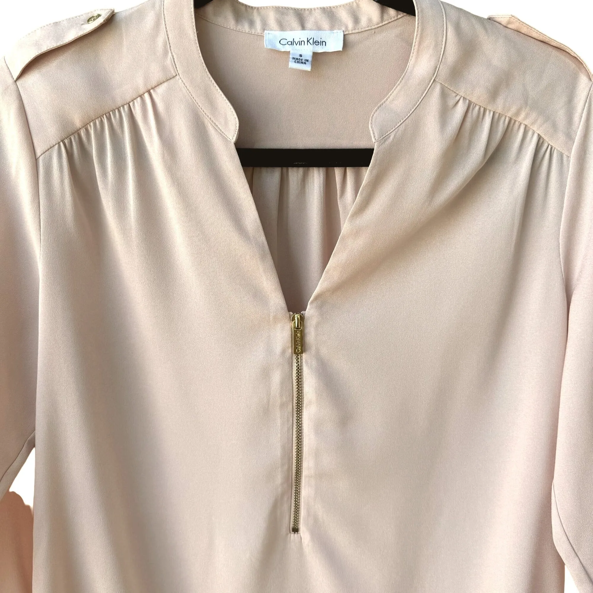 Calvin Klein Womens Blush Pink Long Sleeve Zip V-Neck & Epaulette Shirt Blouse