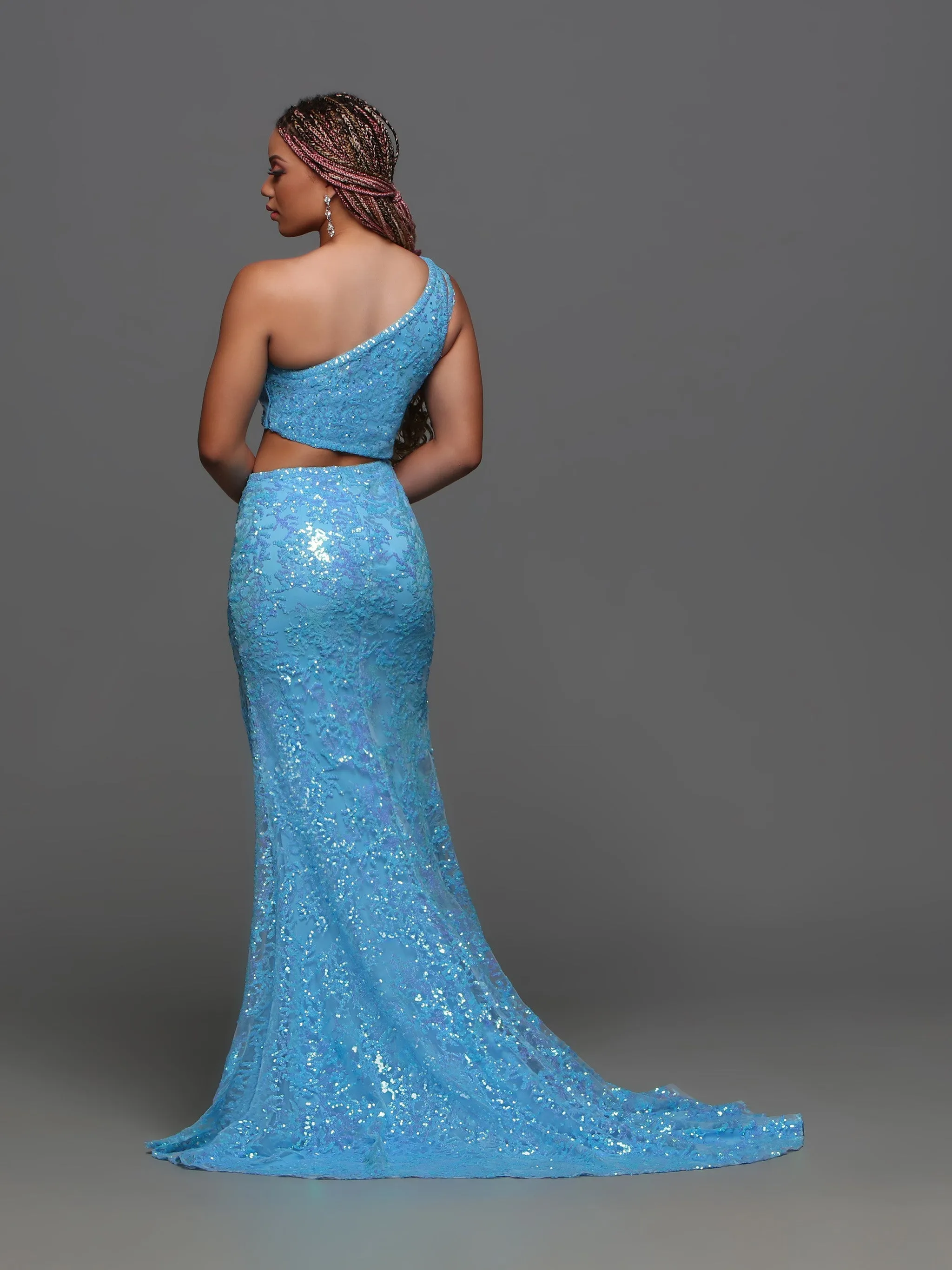 Candice Wang 72389 Size 2 Blue One Shoulder Sequin Cutout Prom Dress Slit Formal Gown Train