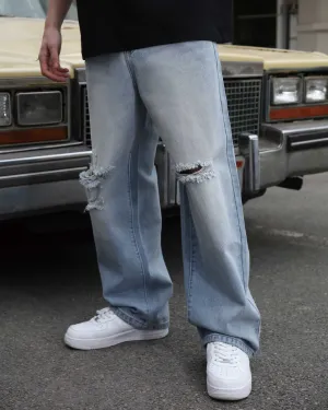 Casual and Versatile Blue Ripped Baggy Jeans-Mexico Local Delivery