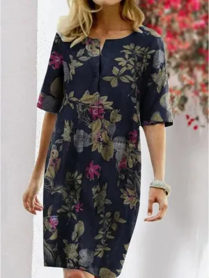 Casual Dress Midi Dress Red Navy Blue Beige Half Sleeve Floral Patchwork Summer Spring Crew Neck Casual Linen S M L XL XXL 3XL 4XL for Women