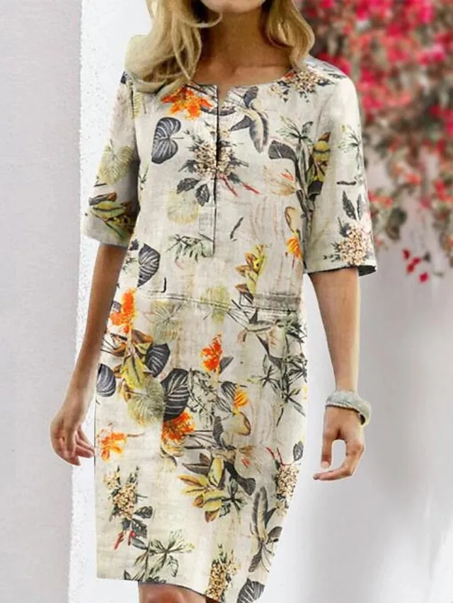 Casual Dress Midi Dress Red Navy Blue Beige Half Sleeve Floral Patchwork Summer Spring Crew Neck Casual Linen S M L XL XXL 3XL 4XL for Women
