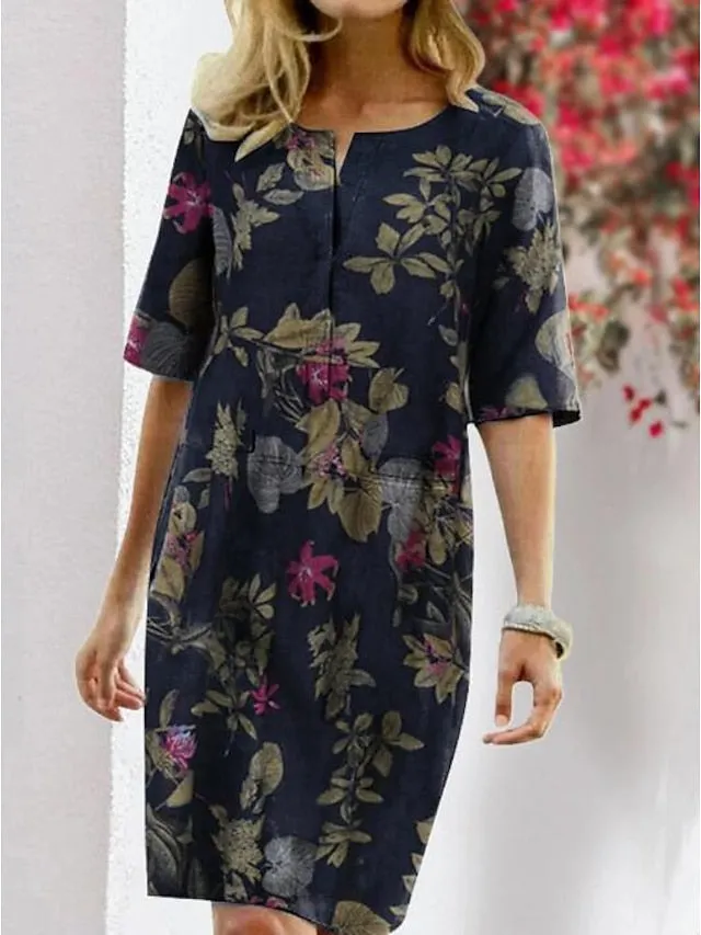 Casual Dress Midi Dress Red Navy Blue Beige Half Sleeve Floral Patchwork Summer Spring Crew Neck Casual Linen S M L XL XXL 3XL 4XL for Women